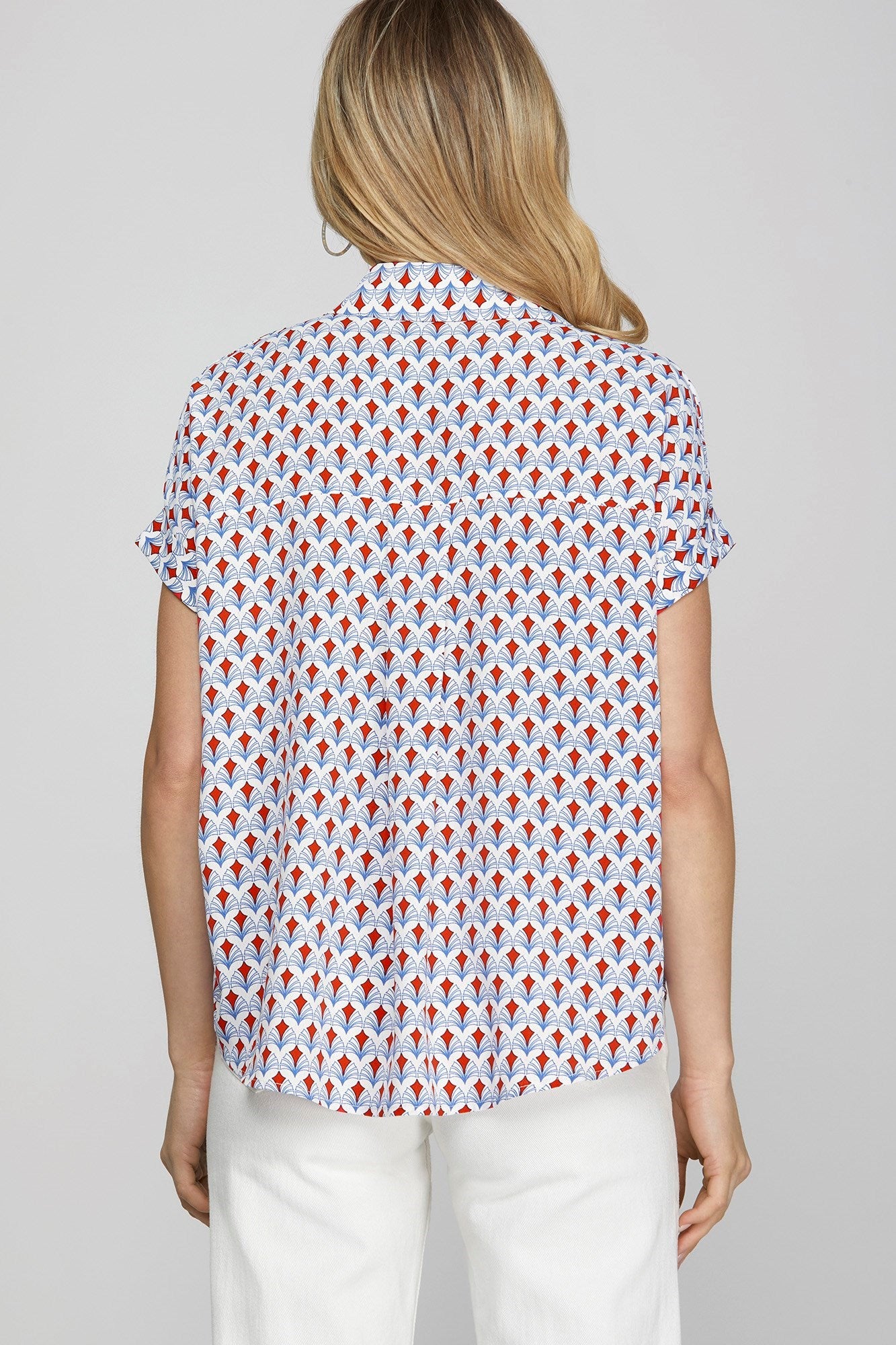 She + Sky | Printed Johnny Collar Short Sleeve Blouse Plus Size in Red - us.meeeshop