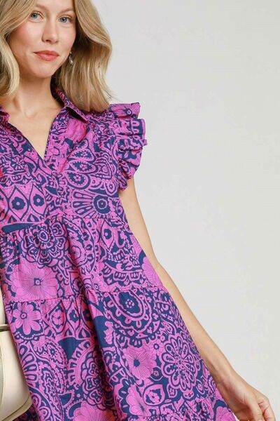 Umgee Printed Ruffle Cap Sleeve Babydoll Dress Plus Size - us.meeeshop