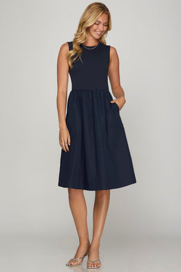 She + Sky | Sleeveless Poplin Woven Midi Dress with Pockets Plus Size