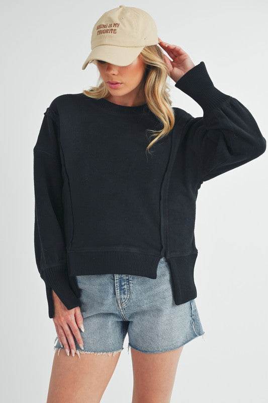 Aemi + Co Exposed Seam High-Low Round Neck Sherpa Top - us.meeeshop