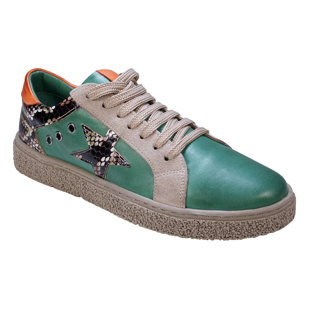 Charlee Green Snake Skin Two-tone Star Motif Lace up Sneakers Green (shoe) - charlee sneakers, charles  - shop at us.meeeshop