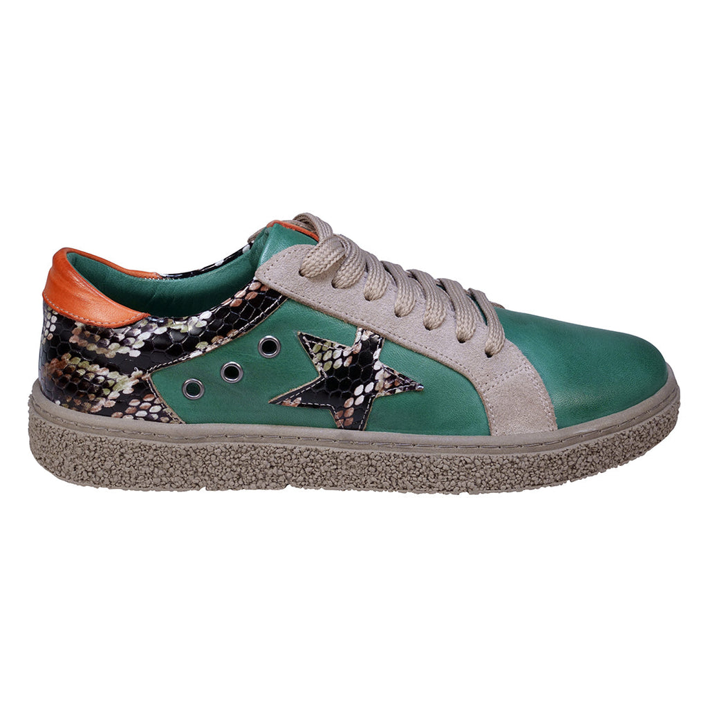 Charlee Green Snake Skin Two-tone Star Motif Lace up Sneakers Green view 2 (shoe) - charlee sneakers, c - shop at us.meeeshop