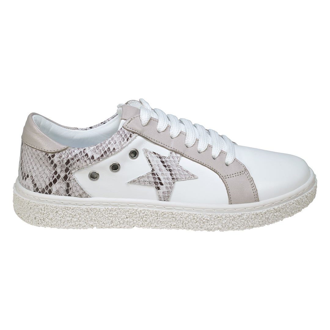 Charlee White Snake Skin Two-tone Star Motif Lace up Sneakers White view 2 (shoe) - lace sneakers, moti - shop at us.meeeshop
