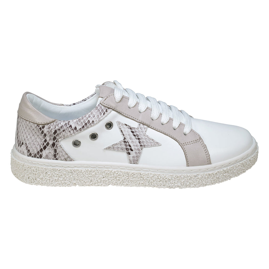 Charlee White Snake Skin Two-tone Star Motif Lace up Sneakers White view 2 (shoe) - lace sneakers, moti - shop at us.meeeshop