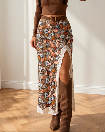 Charlie Lace Trim Split Long Skirt in Multicolour - Charlie Skirt Set