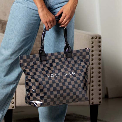 Charly Laminated Checkered Nylon Tote in Almond Check view 2 (bag)