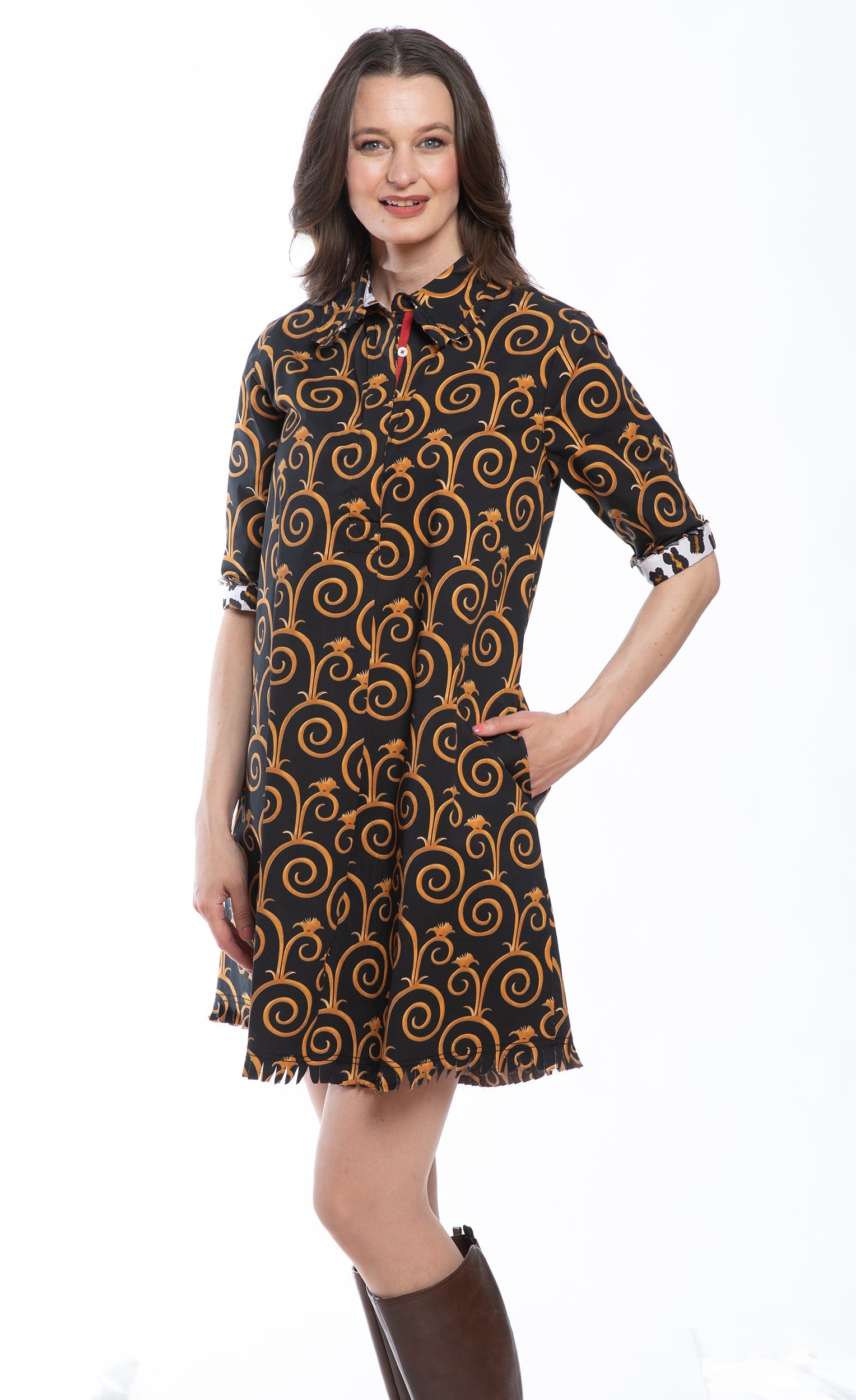 Chatham Black and Gold Swirl Print Dress in L view 4