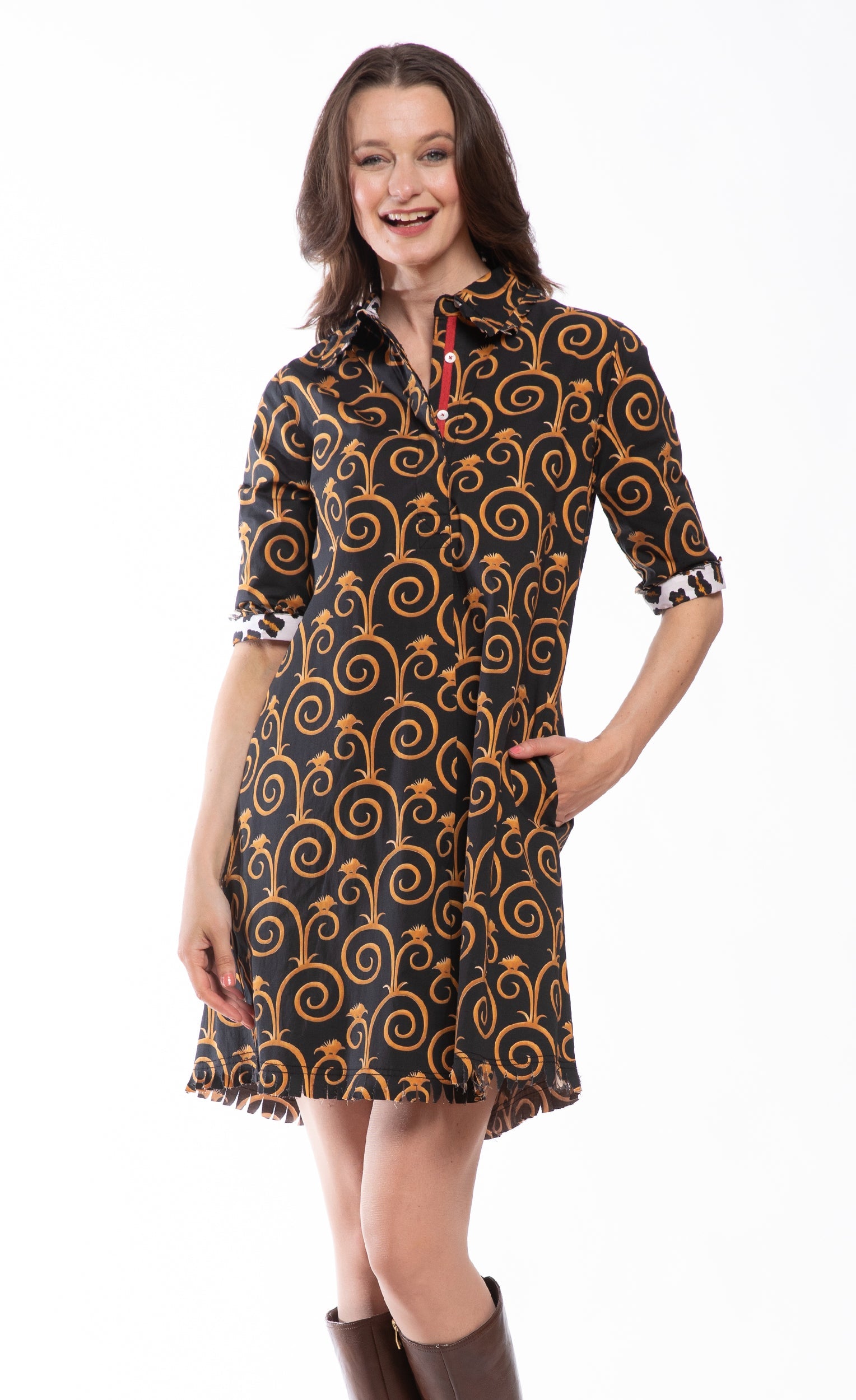 Chatham Black and Gold Swirl Print Dress in M view 3