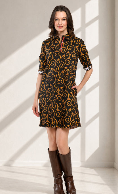 Chatham Black and Gold Swirl Print Dress in XS