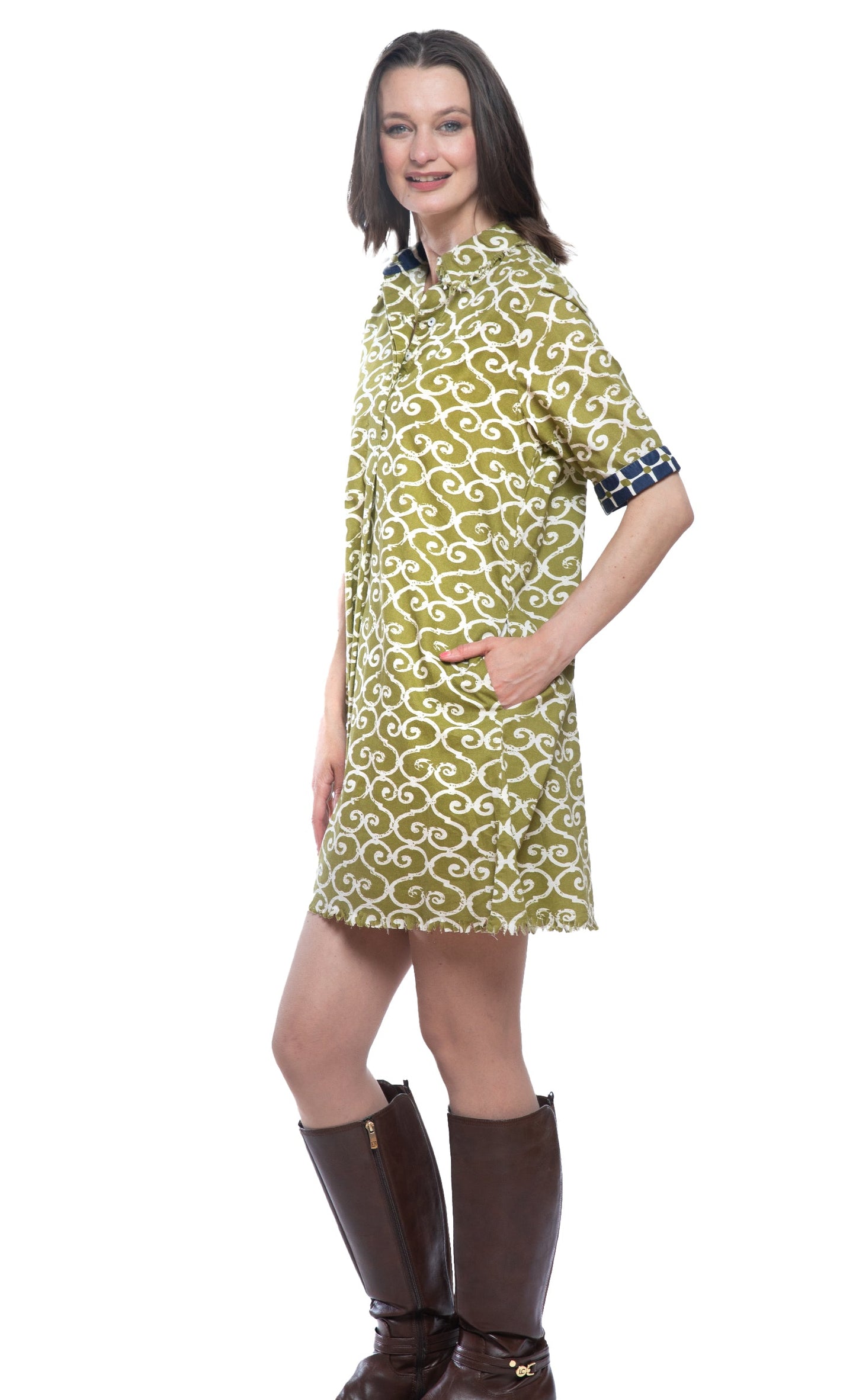 Chatham Dress Green Ivory Swirl Print in L view 4 - The Windmill Chatham Green Dress Code