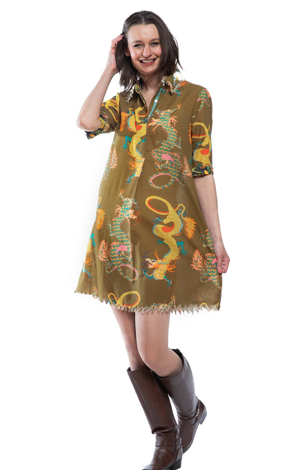 Chatham Dress Olive Dragon Print in M view 3 - Print Dress