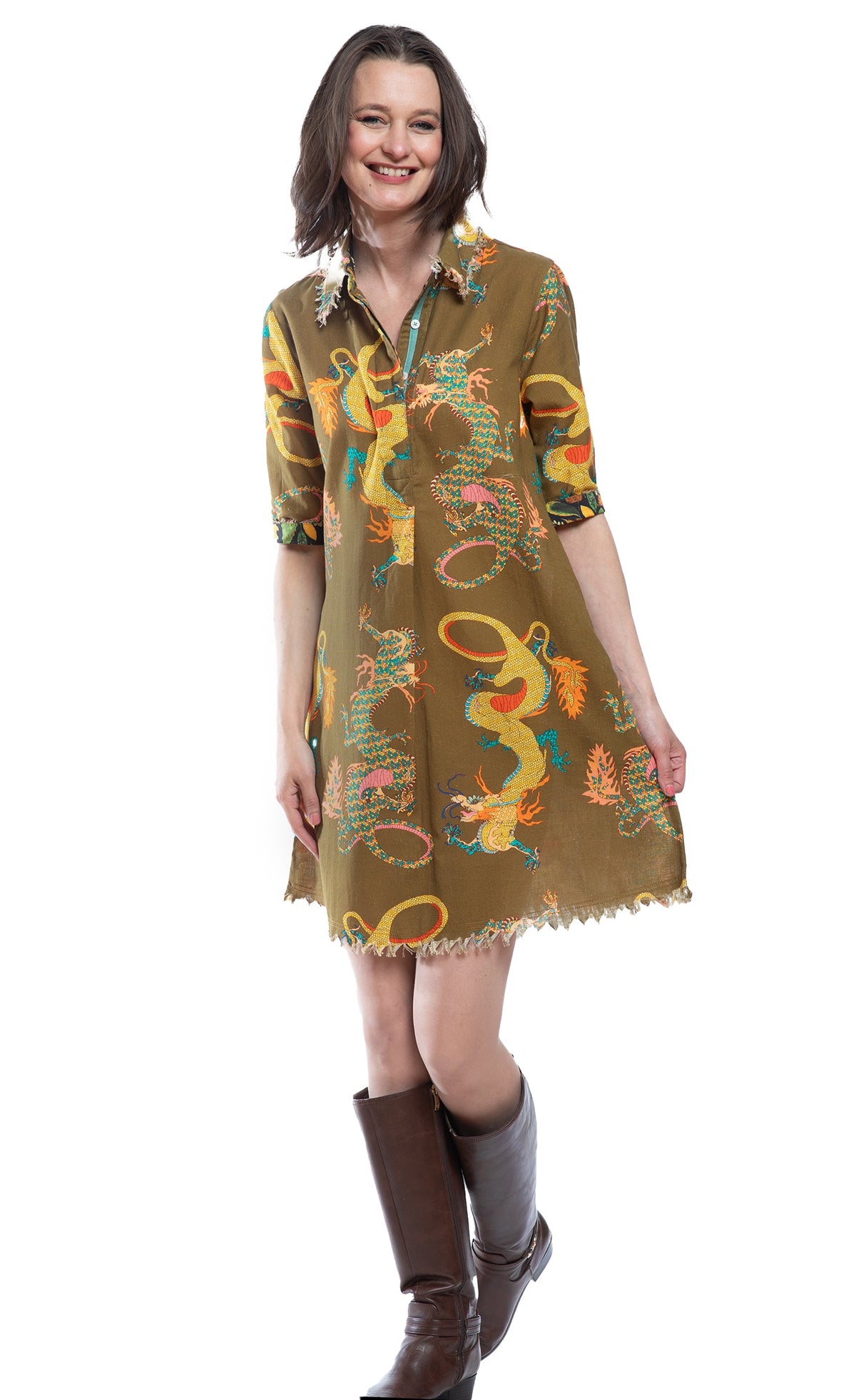 Chatham Dress Olive Dragon Print in S view 2 - Print Dress