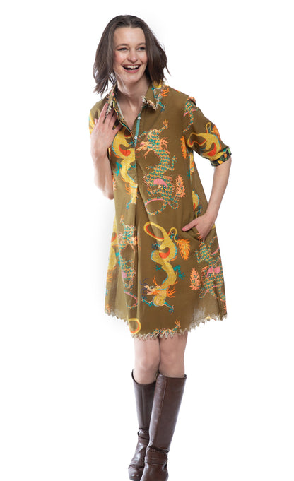 Chatham Dress Olive Dragon Print in XL view 5 - Print Dress