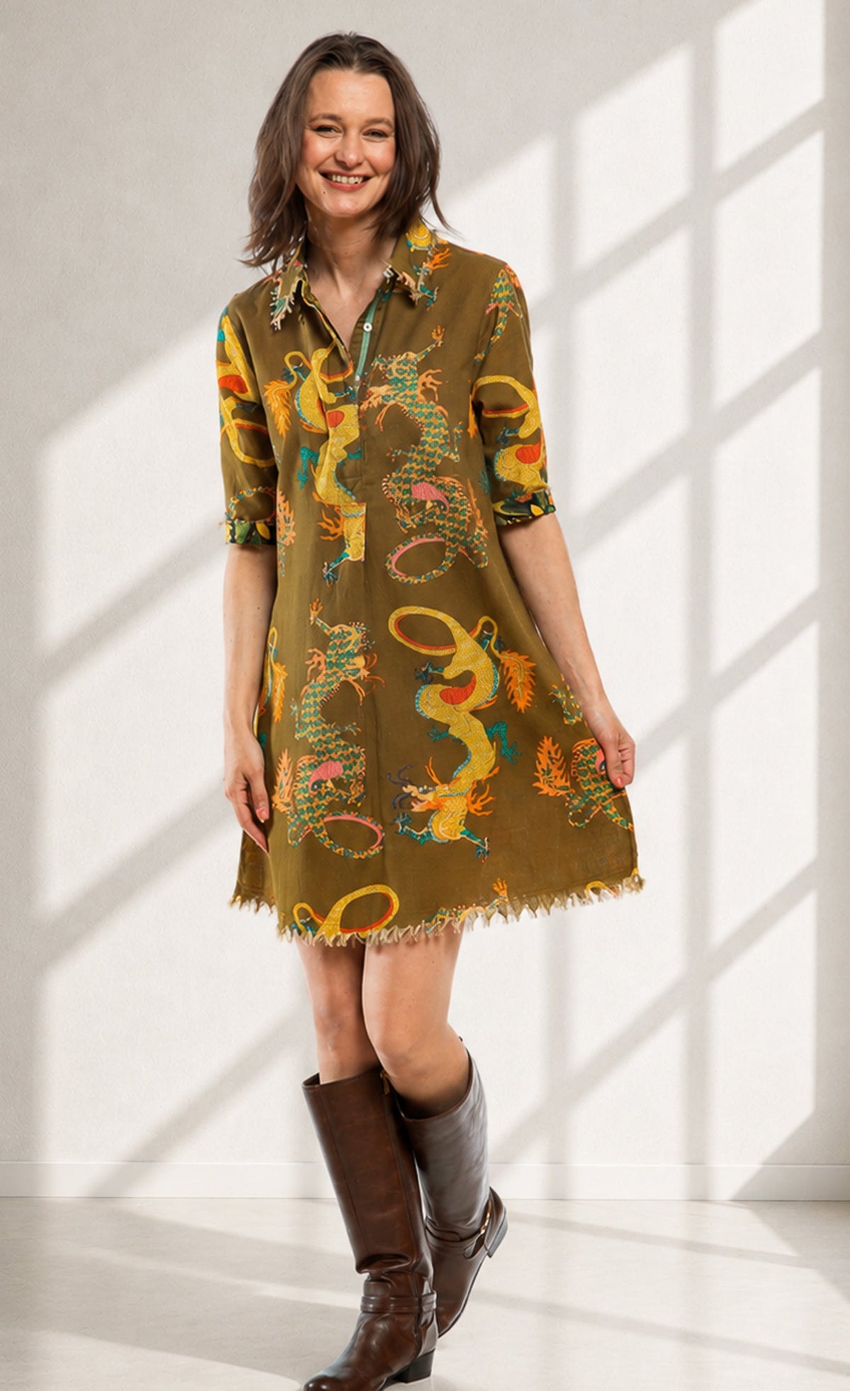 Chatham Dress Olive Dragon Print in XS - Print Dress
