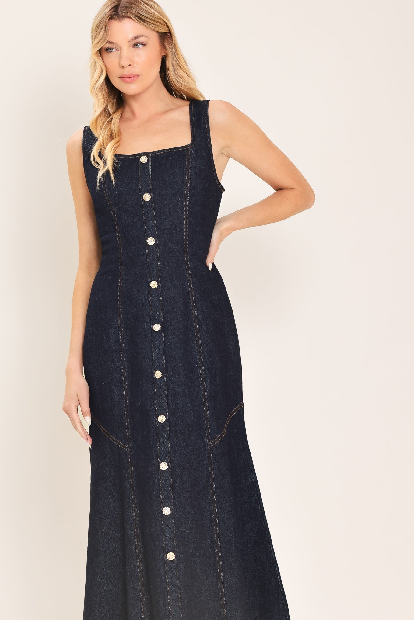 Chelsea Denim Midi Dress in DARK INDIGO view 4 - Chelsea Studio Denim Dress