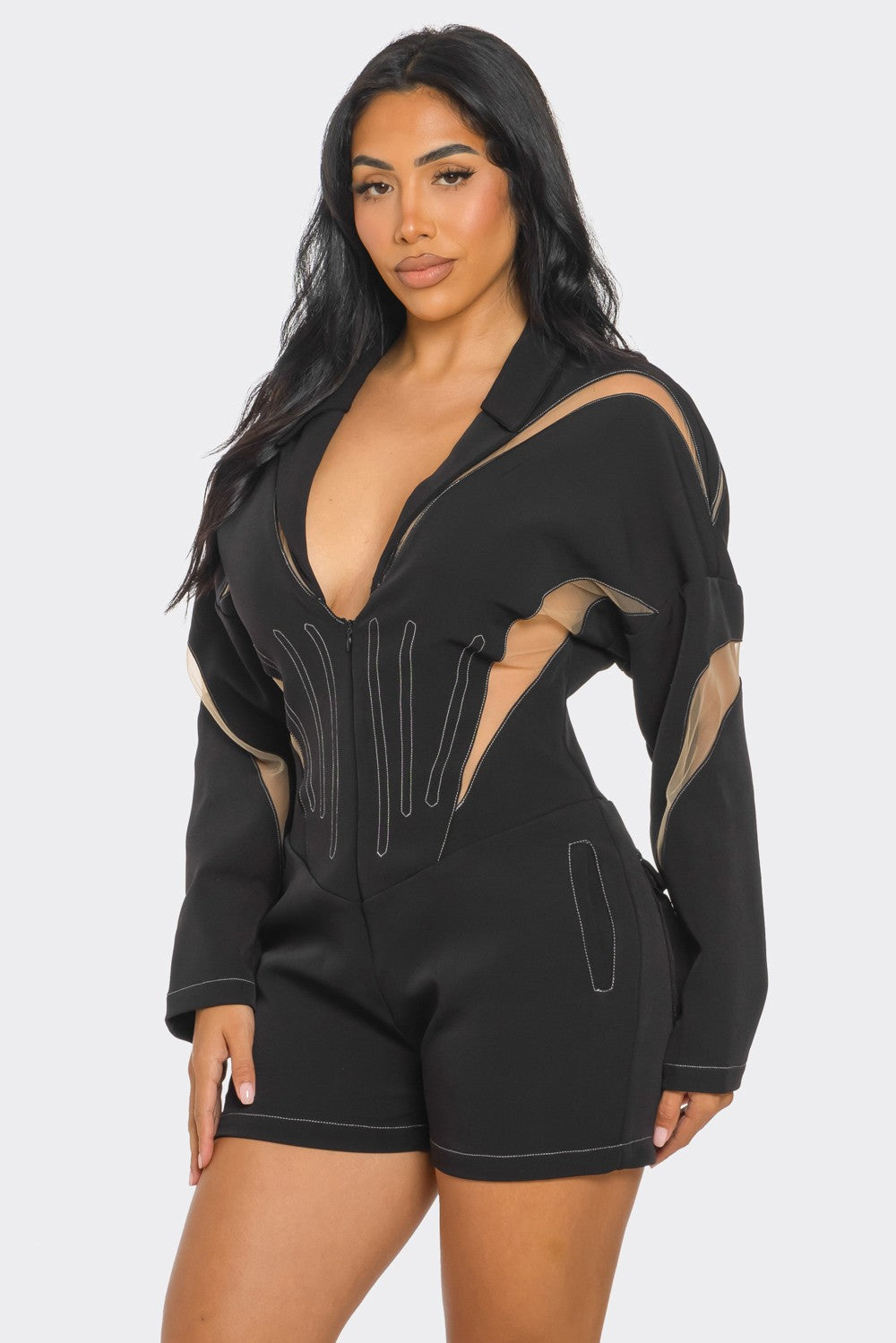 Chic Mesh-panelled Black Romper in L view 3 (one-piece)