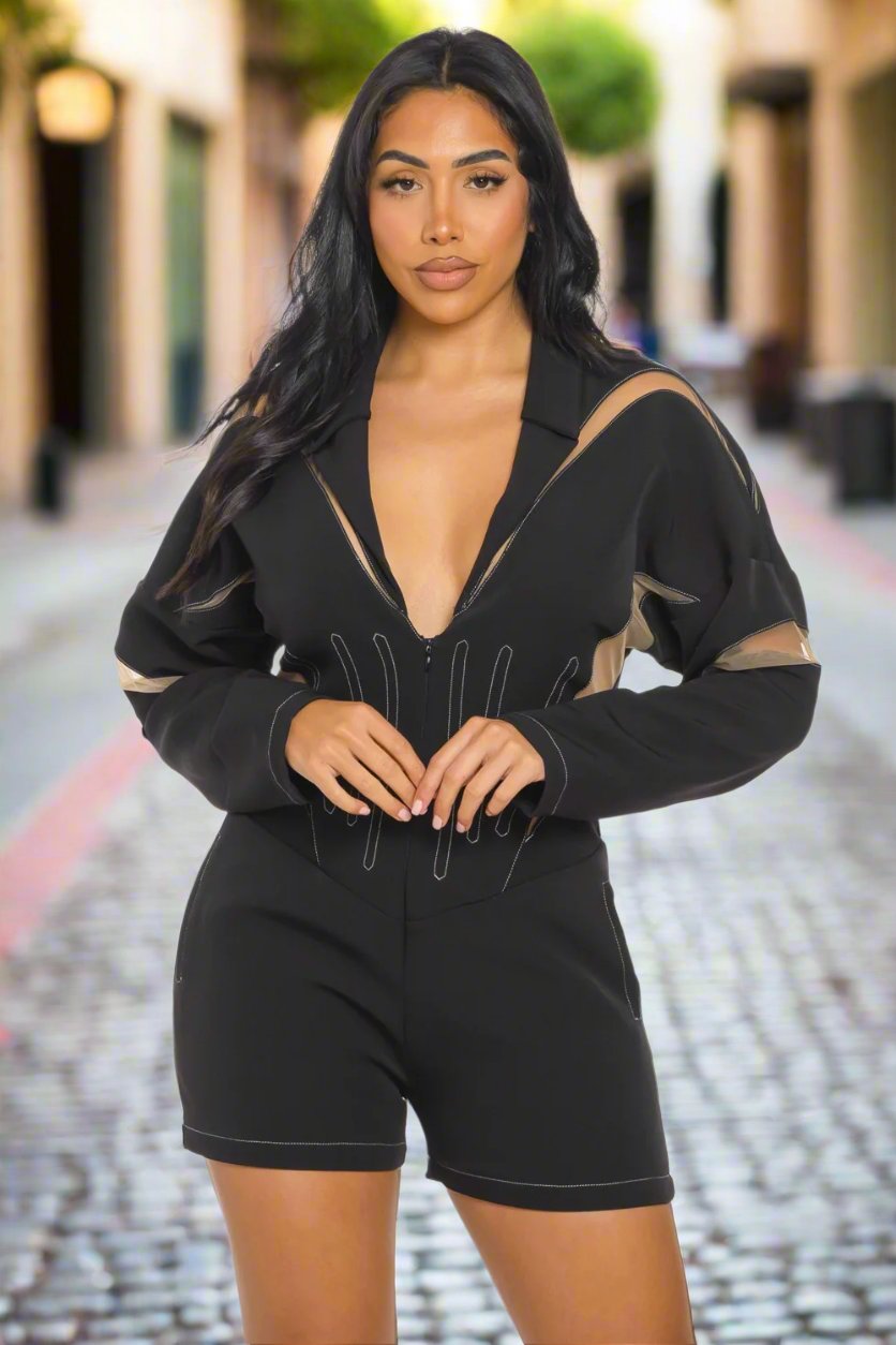 Chic Mesh-panelled Black Romper in S (one-piece)
