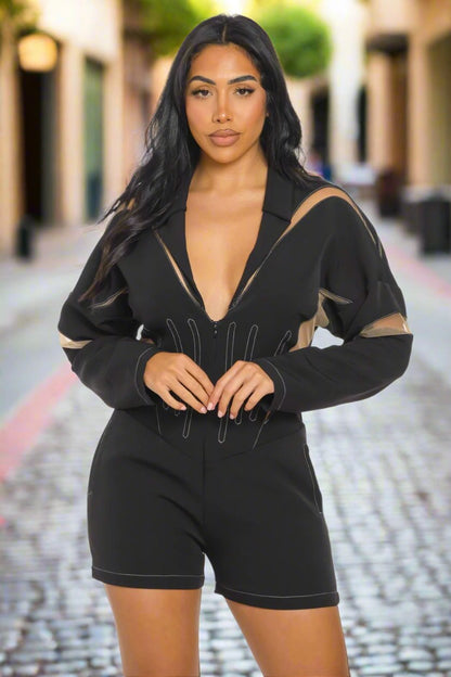 Chic Mesh-panelled Black Romper in S (one-piece)