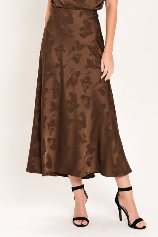 Chocolate Floral Woven Jacquard Midi Skirt in BROWN - Chocolate Floral Dress