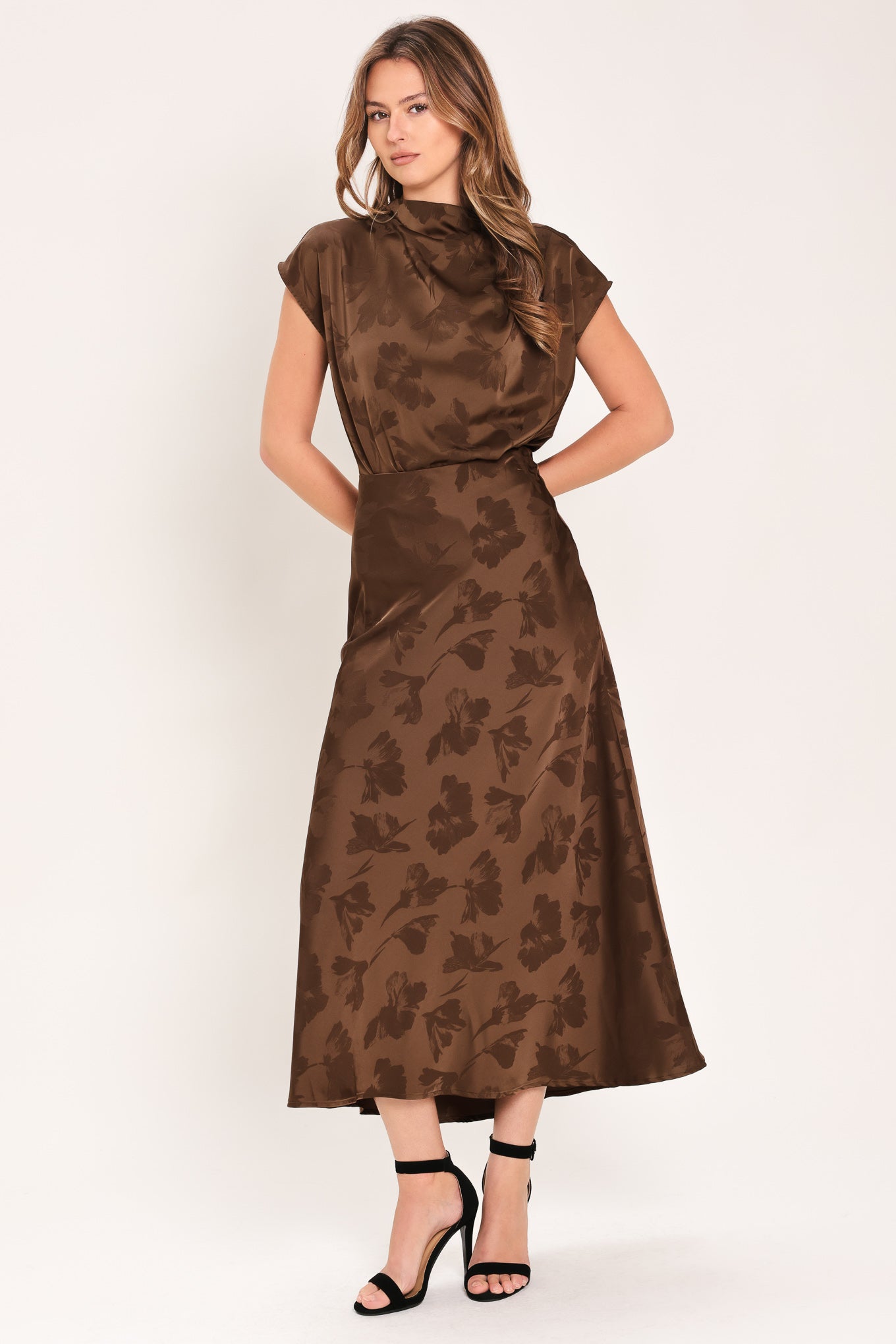 Chocolate Floral Woven Jacquard Midi Skirt in BROWN view 2 - Chocolate Floral Dress