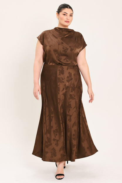 Chocolate Floral Woven Jacquard Midi Skirt view 10 - Chocolate Floral Dress