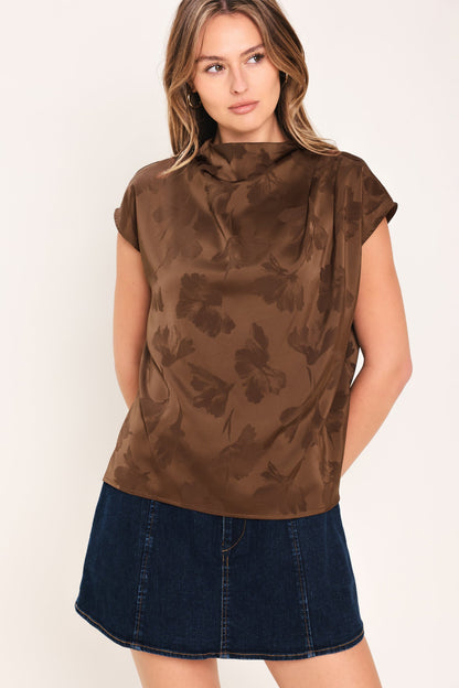Chocolate Floral Woven Jacquard Top in BROWN - Chocolate Floral Blouse