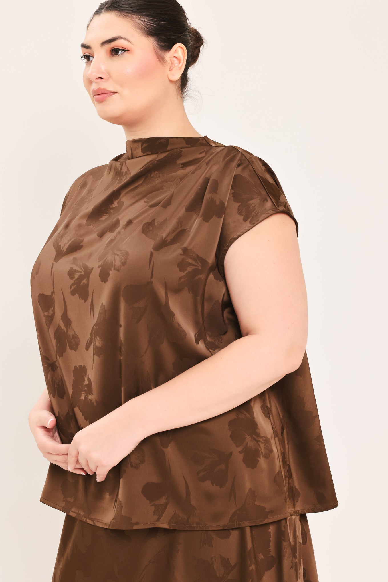 Chocolate Floral Woven Jacquard Top view 11 - Chocolate Floral Blouse