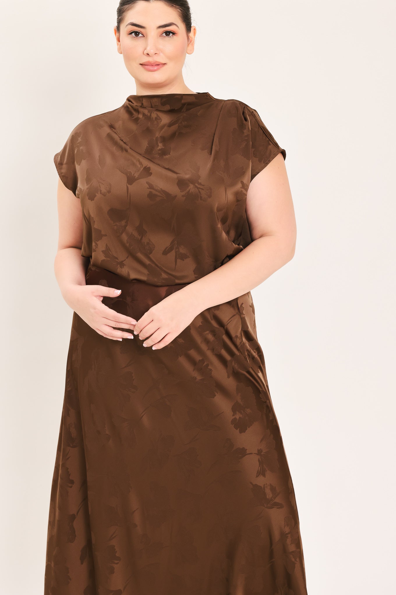 Chocolate Floral Woven Jacquard Top view 12 - Chocolate Floral Blouse