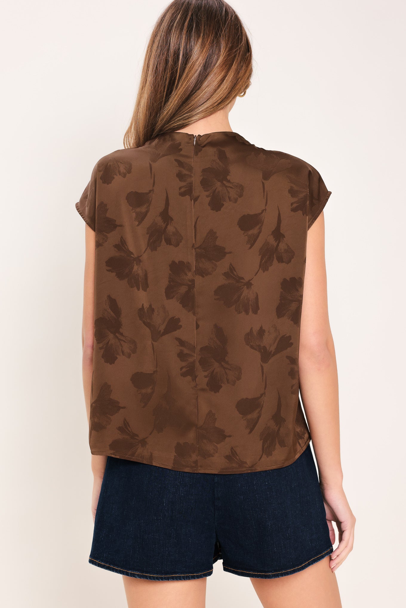 Chocolate Floral Woven Jacquard Top view 7 - Chocolate Floral Blouse