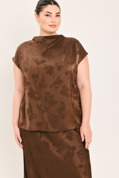 Chocolate Floral Woven Jacquard Top view 8 - Chocolate Floral Blouse