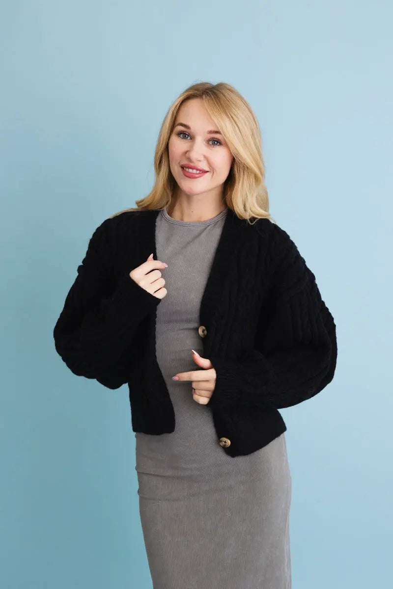 Chunky Cable Knit Button-up Cropped Cardigan 🧥 Top - MeeeShop Women's Fashion