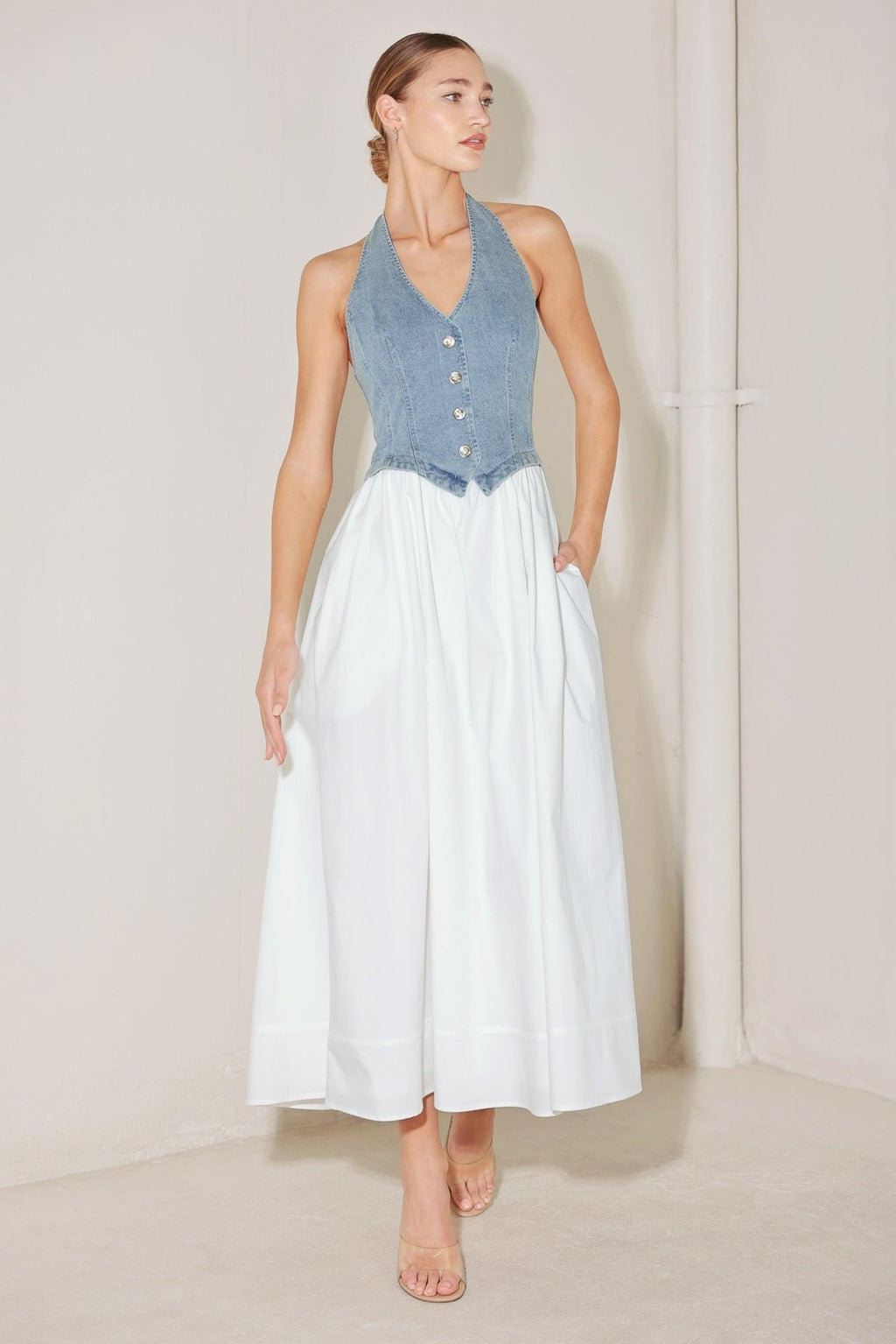 City to Coast Woven Midi Dress DENIM/WHITE (dress) - star city gold coast dress code, city chic coastal - shop at us.meeeshop