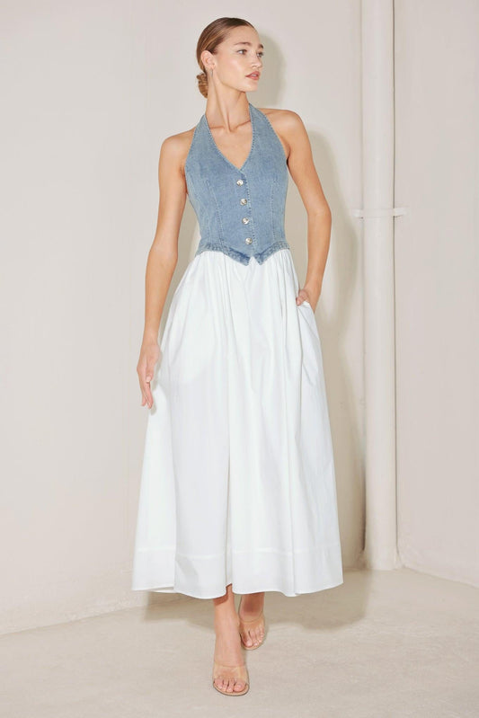 city coast woven City to Coast Woven Midi Dress DENIM/WHITE (dress) - shop at us.meeeshop