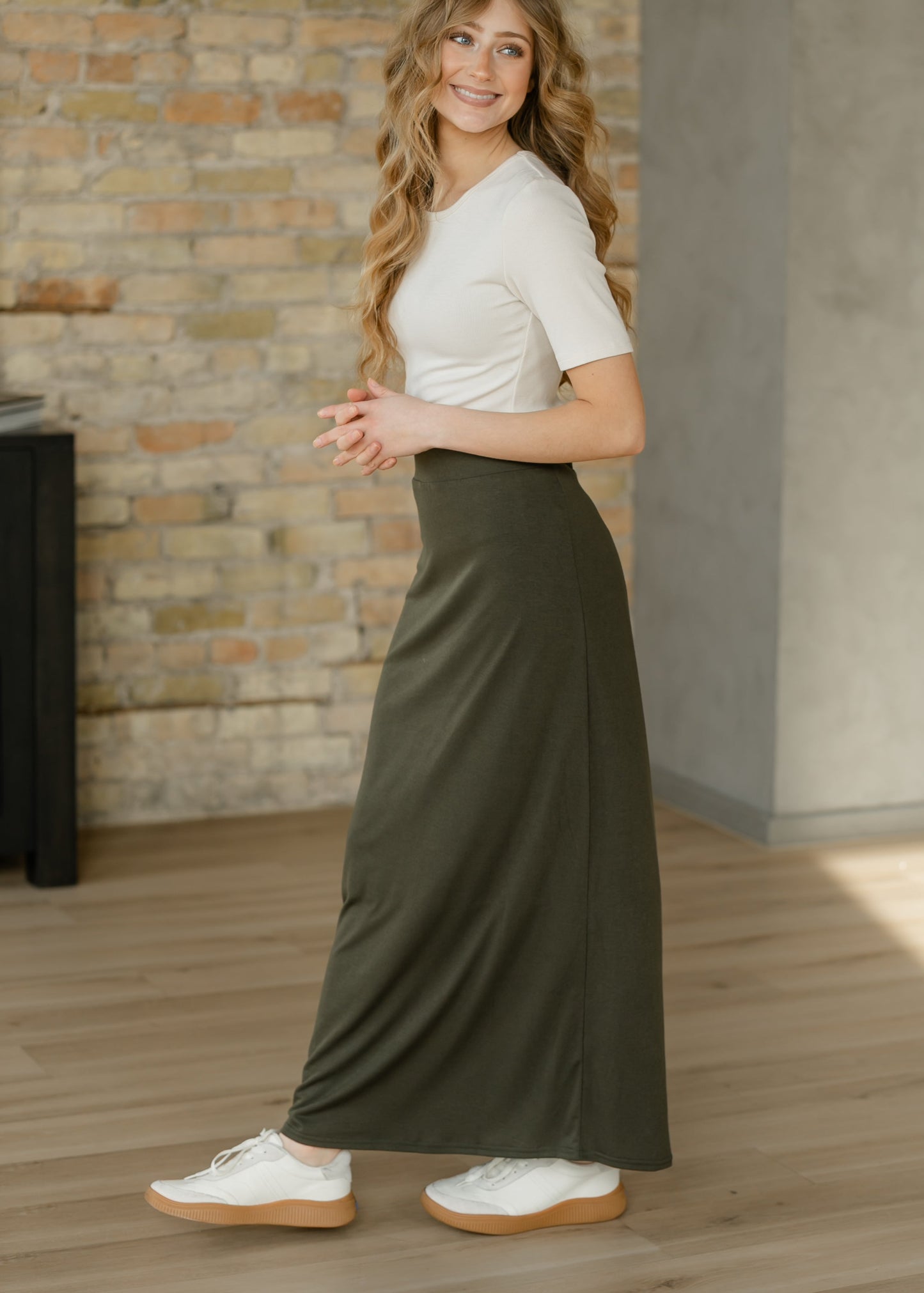 Clarise Olive Premium Knit Maxi Skirt in L view 4 - Fall Wardrobe Essential (dress)