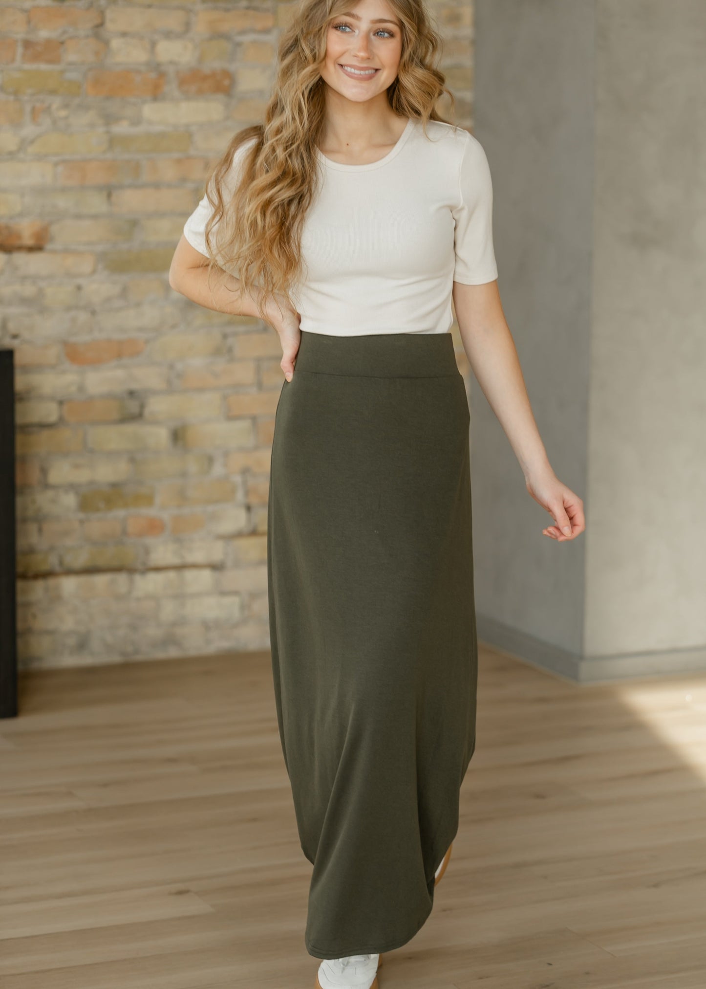 Clarise Olive Premium Knit Maxi Skirt in M view 3 - Fall Wardrobe Essential (dress)