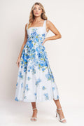 Classic Bloom Day Woven Midi Dress WHITE/BLUE (dress) - vintage bloom dress, classic floral dress, clas - shop at us.meeeshop