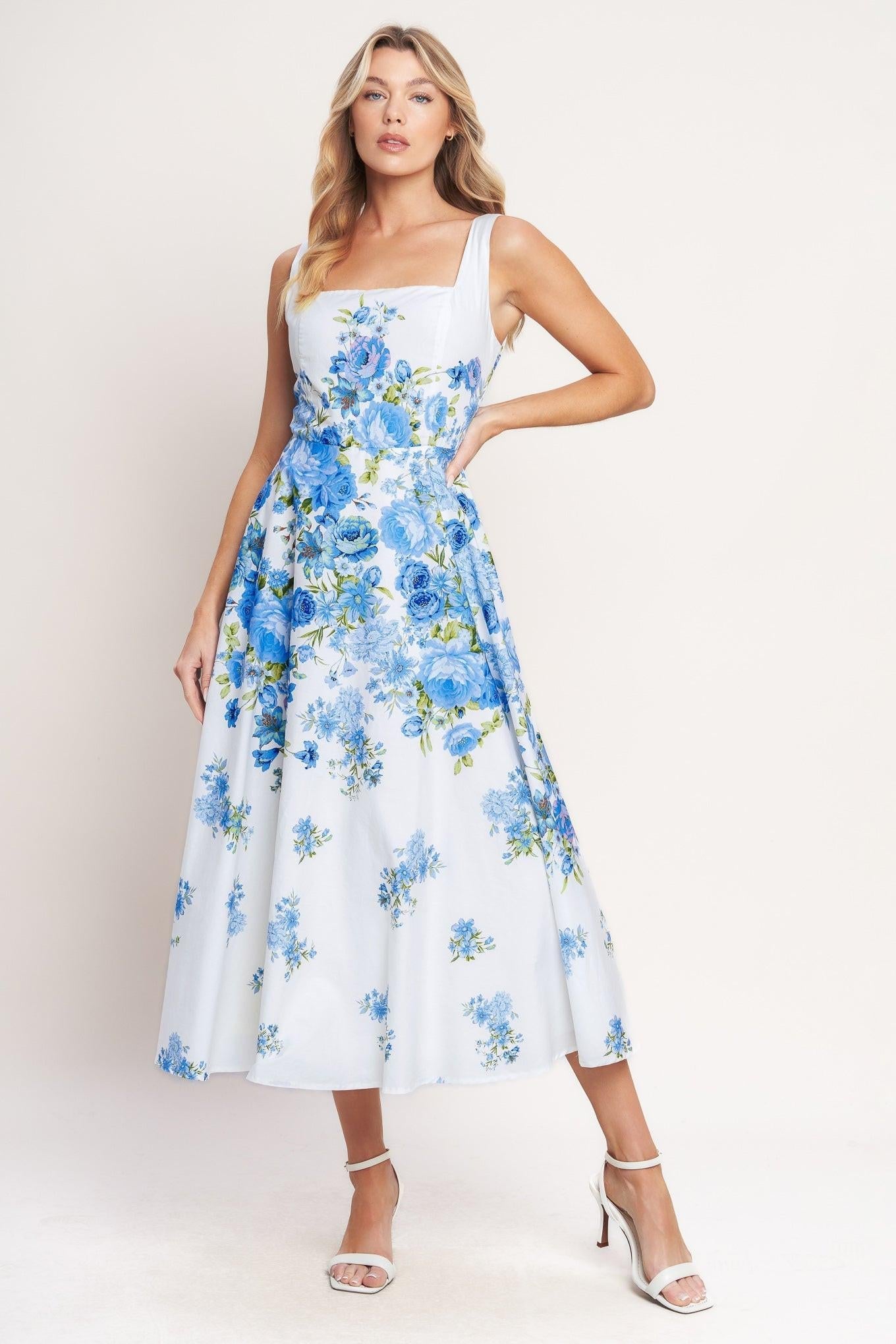 Classic Bloom Day Woven Midi Dress in WHITE/BLUE - Vintage Bloom Dress