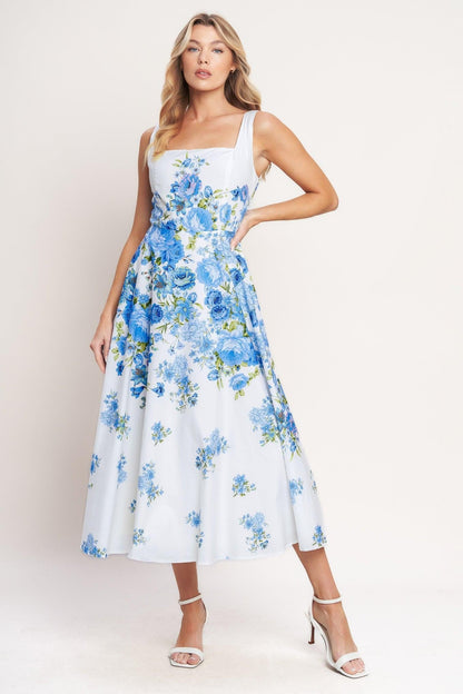 Classic Bloom Day Woven Midi Dress in WHITE/BLUE - Vintage Bloom Dress
