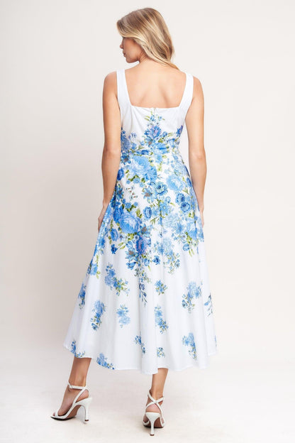 Classic Bloom Day Woven Midi Dress in WHITE/BLUE view 2 - Vintage Bloom Dress