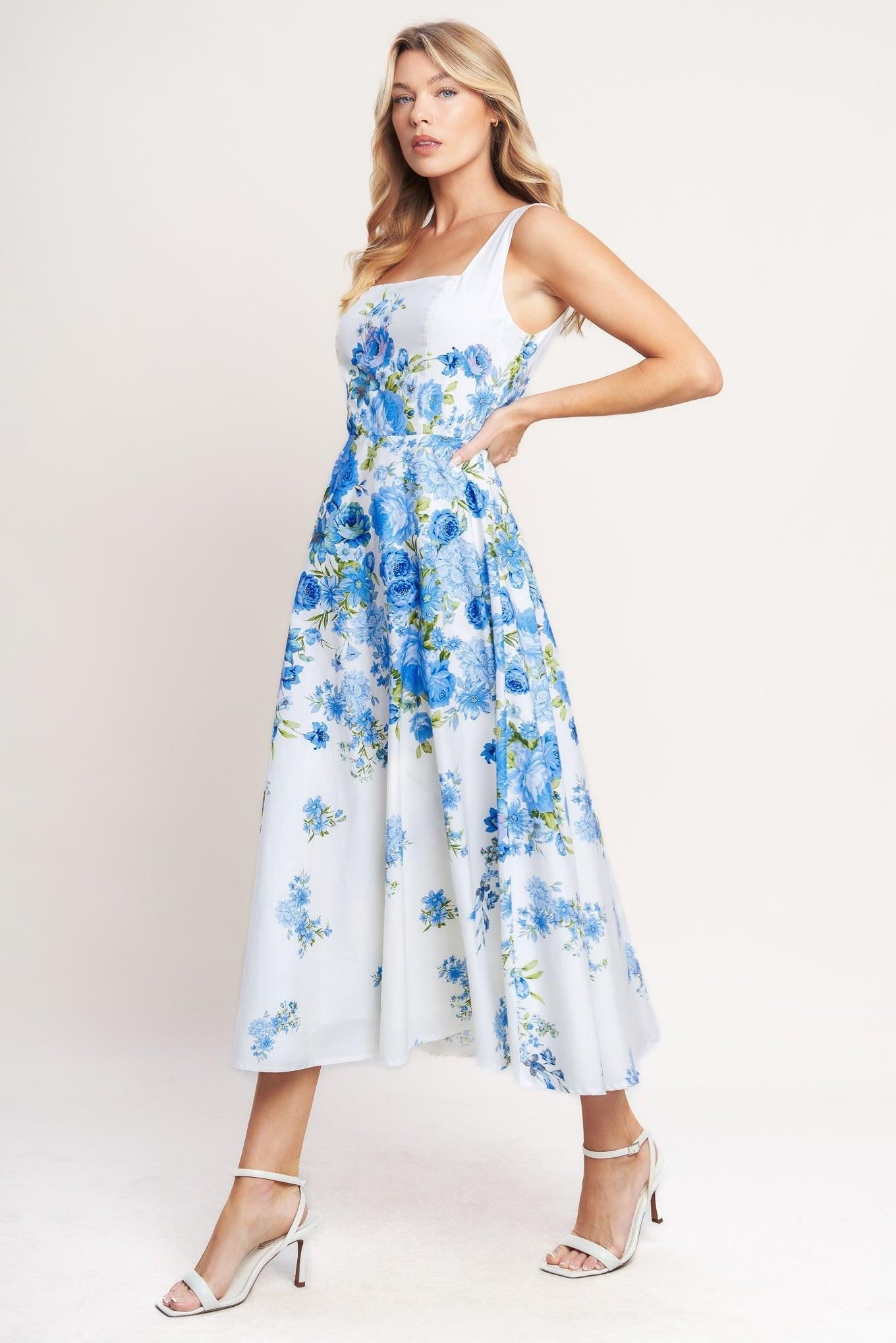 Classic Bloom Day Woven Midi Dress in WHITE/BLUE view 3 - Vintage Bloom Dress