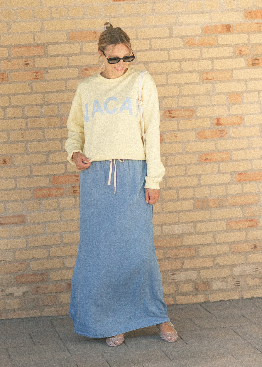 Cleo Medium Wash Chambray Maxi Skirt in XS (dress)