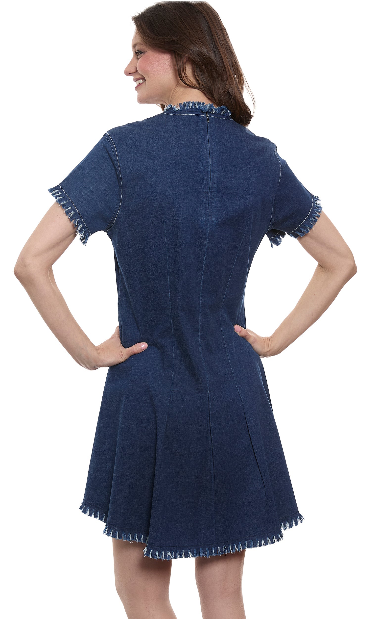 Coco Denim Dress with Fringe and Gold Buttons in M view 3 - Coco Embroidered Denim Dress