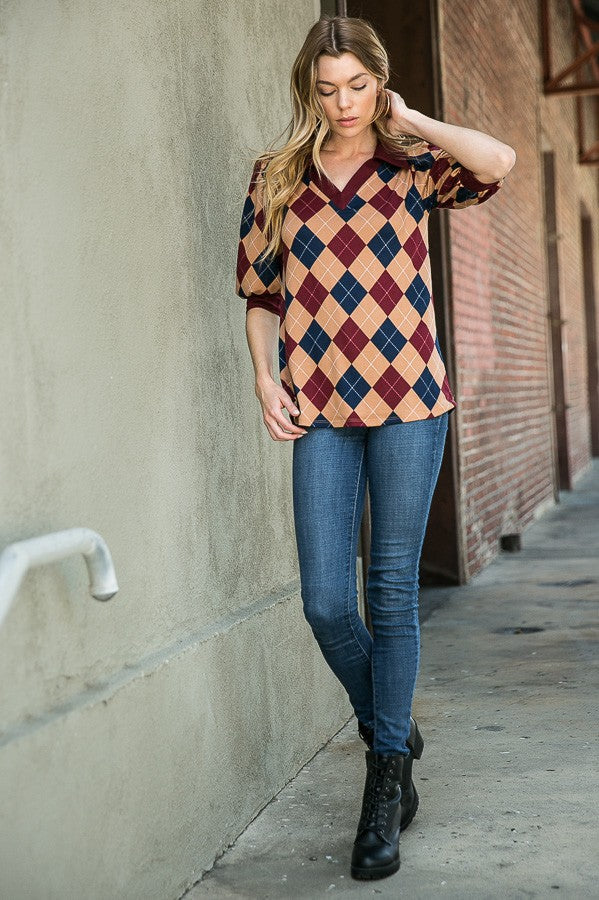 Collared Argyle Top in L view 3 - Argyle Collared Top