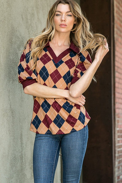 Collared Argyle Top in M view 2 - Argyle Collared Top