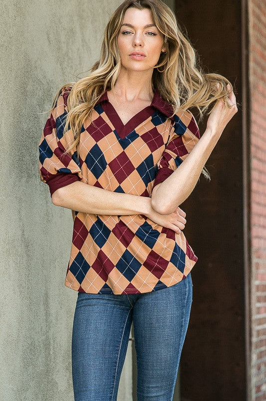 Collared Argyle Top in M view 2 - Argyle Collared Top