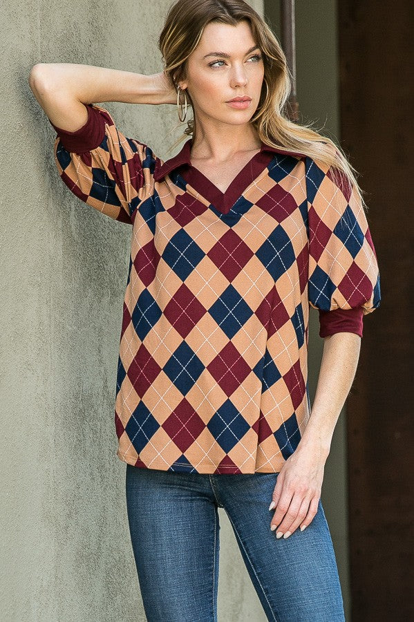 Collared Argyle Top in XL view 4 - Argyle Collared Top