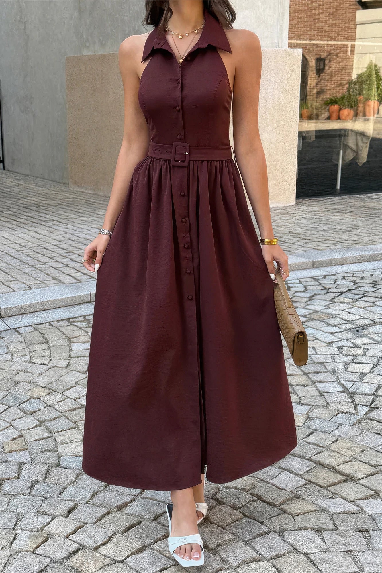 Collared Belt Sleeveless a Line Midi Dress in Brown - Collar Belt Midi Dress