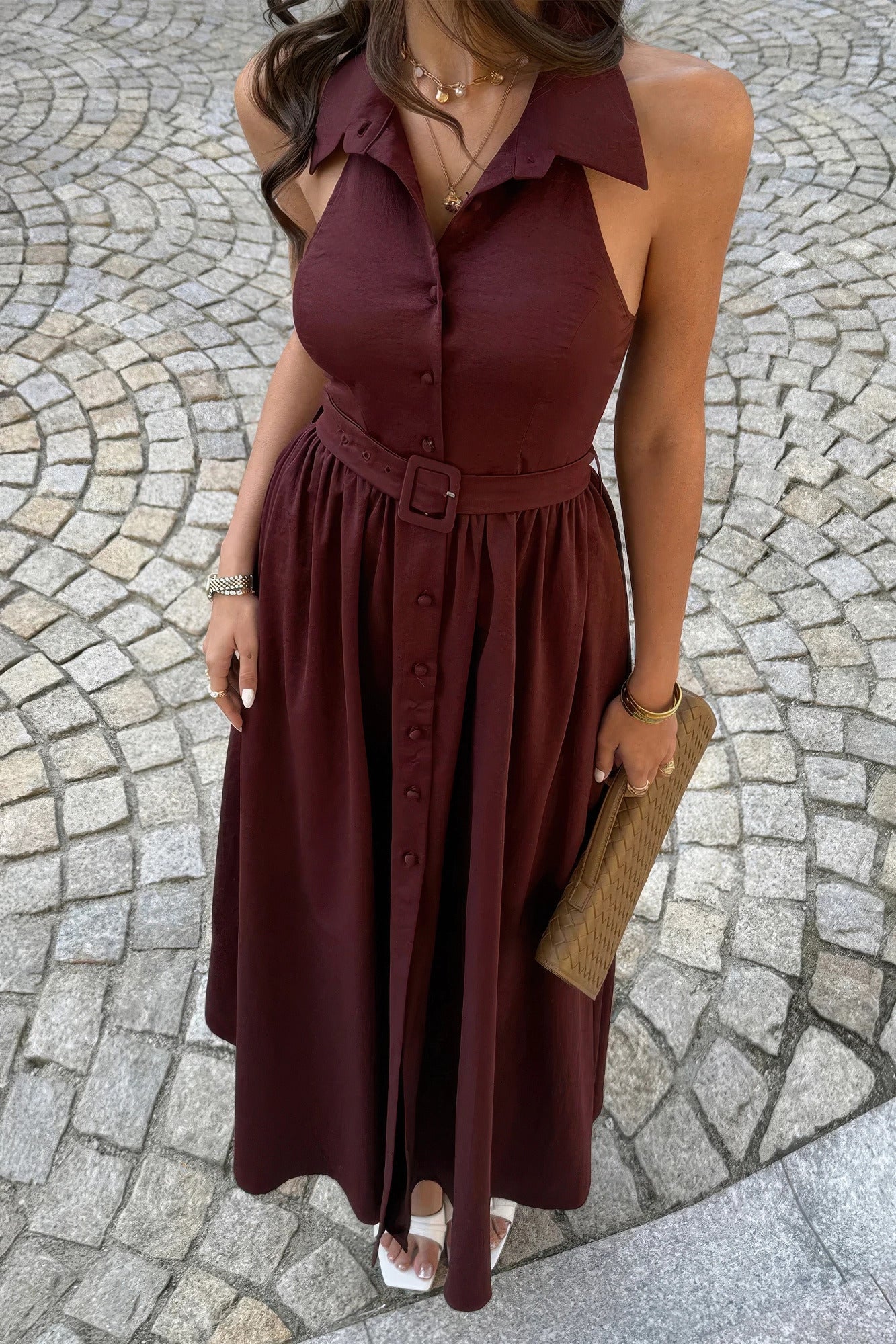 Collared Belt Sleeveless a Line Midi Dress in Brown view 3 - Collar Belt Midi Dress