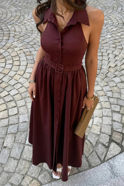 Collared Belt Sleeveless a Line Midi Dress in Brown view 3 - Collar Belt Midi Dress