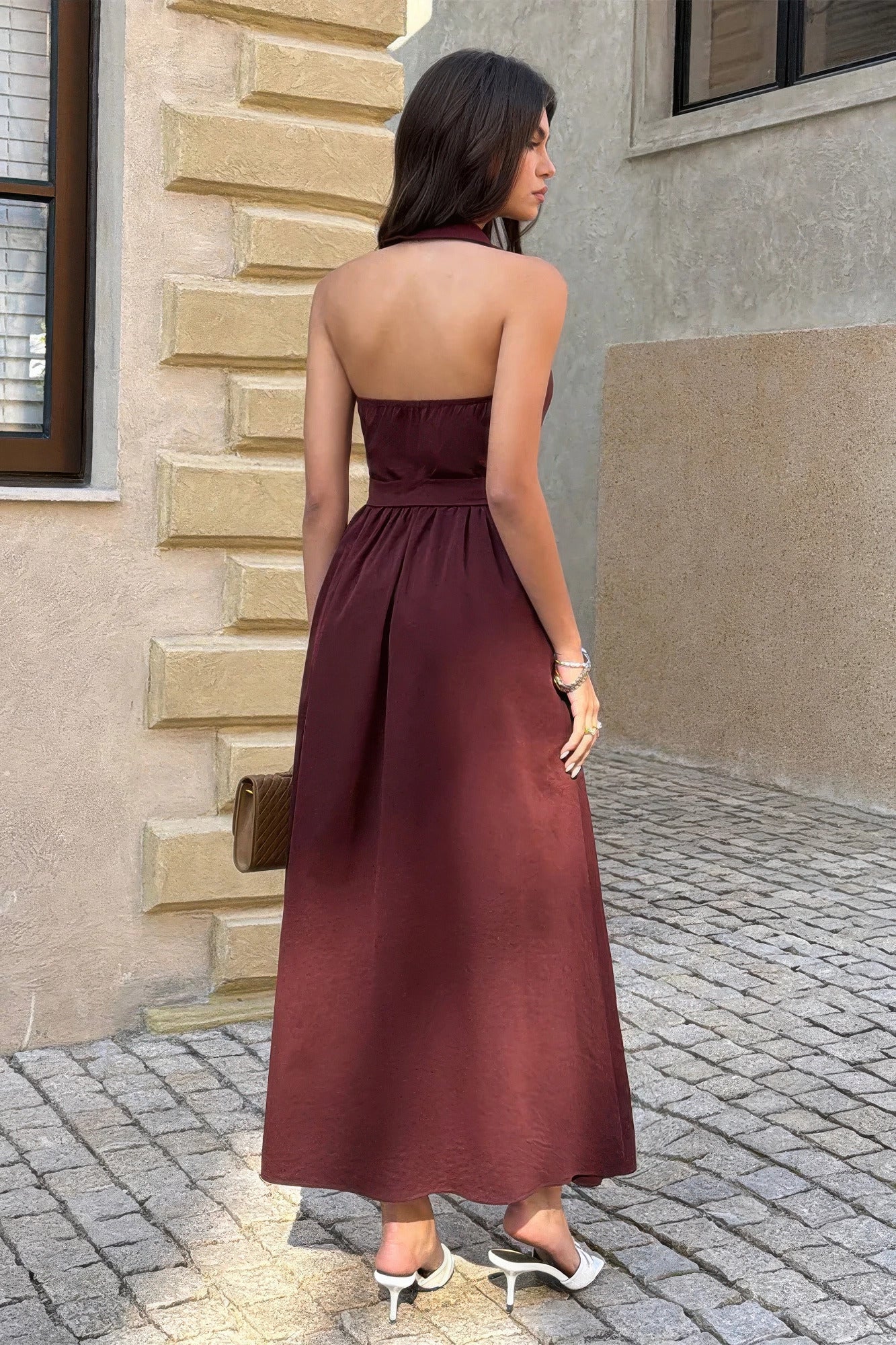 Collared Belt Sleeveless a Line Midi Dress in Brown view 4 - Collar Belt Midi Dress
